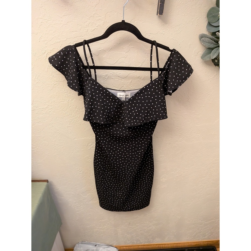 Emerald Sundae Polka Dot Off Shoulder Ruffle Mini Dress Black White Size S